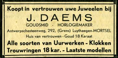 Mortsel: Vlaamse Kermis 1932 - Advertentie in programmaboekje : Goudsmid J. Daems